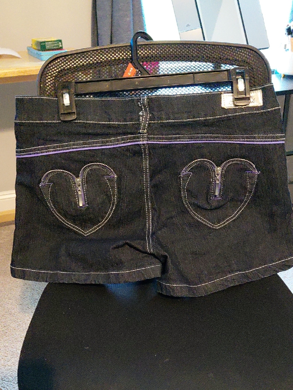 Affliction Black Denim Shorts with Purple Stitching and Heart Zip Pockets
